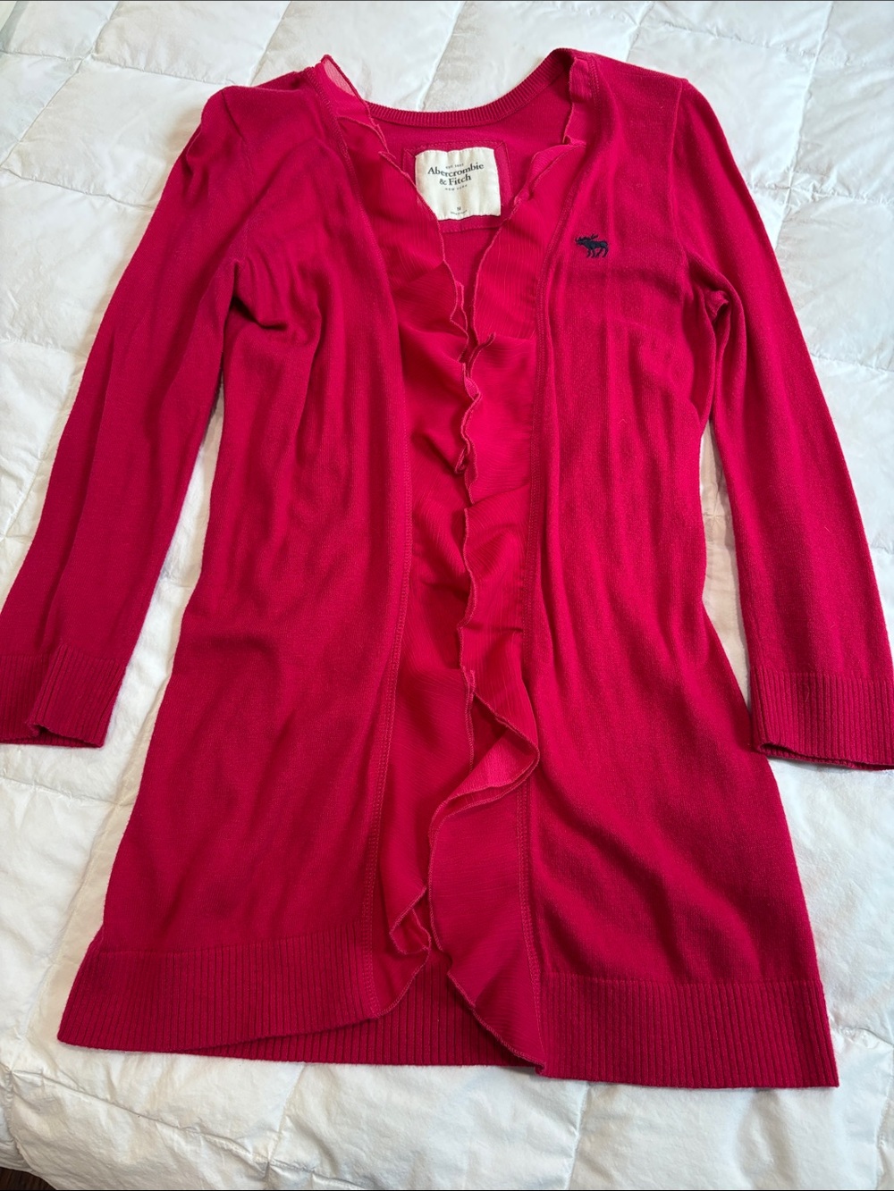 Abercrombie & Fitch Ruffle-Front Cardigan in Bright Pink